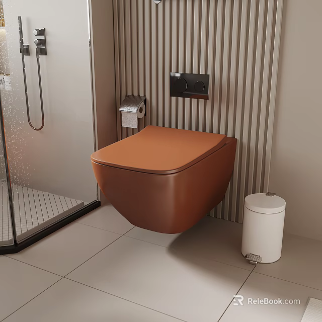 Wall-Hung Brown Toilet In Modern Bathroom With Toilet Paper Holder Striped Wall And Shower Enclosure 3d model 