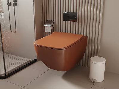 Wall-Hung Brown Toilet In Modern Bathroom With Toilet Paper Holder Striped Wall And Shower Enclosure 3d model