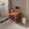 Wall-Hung Brown Toilet In Modern Bathroom With Toilet Paper Holder Striped Wall And Shower Enclosure