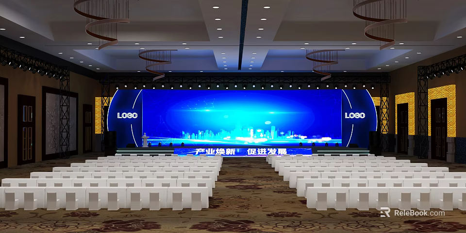 Spacious Conference Hall With White Seats And LED Screen For Industrial Event 3d model 