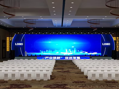 Spacious Conference Hall With White Seats And LED Screen For Industrial Event 3d model