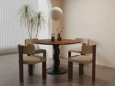 Round Wooden Dining Table With Four Beige Chairs And White Spherical Pendant Light 3d model