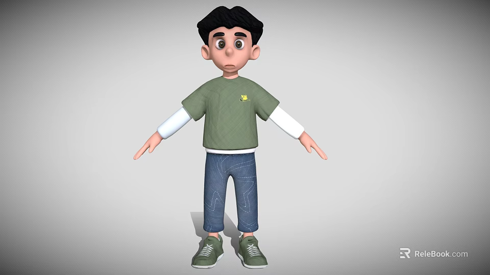 Cartoon Man Wearing Green T Shirt White Long Sleeves Blue Jeans And Green Sneakers 3d model 