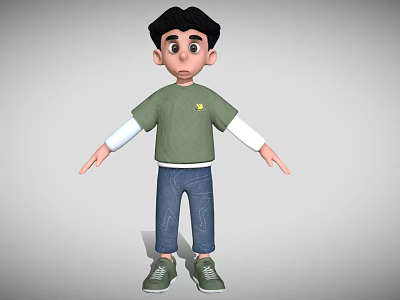 Cartoon Man Wearing Green T Shirt White Long Sleeves Blue Jeans And Green Sneakers 3d model