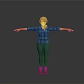 Blonde Woman In Plaid Shirt Blue Jeans Brown Boots With Arms Outstretched Against Gray Background