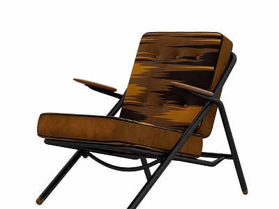 Brown Lounge Chair With Abstract Pattern Wooden Armrests And Black Metal Frame 3d model