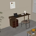Modern Wooden Desk With Laptop Book Padded Chair Drawer Cabinet And Decorative Painting