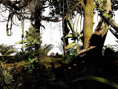 Park Landscape With Tall Trees Lush Green Vegetation Hanging Vines And Natural Plant Shadows 3d model