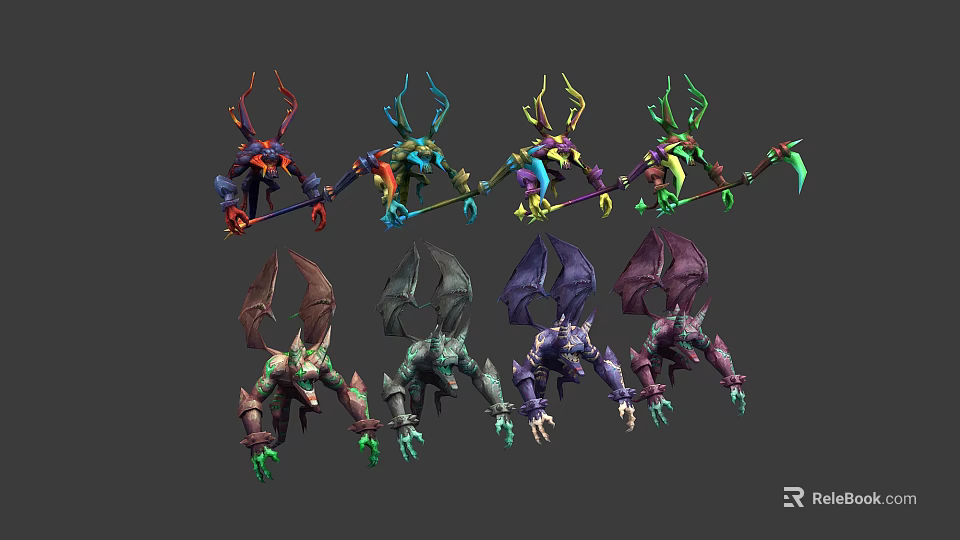 Fantasy Characters And Mythical Creatures With Horned Winged Designs And Colorful Scythe Weapons 3d model 