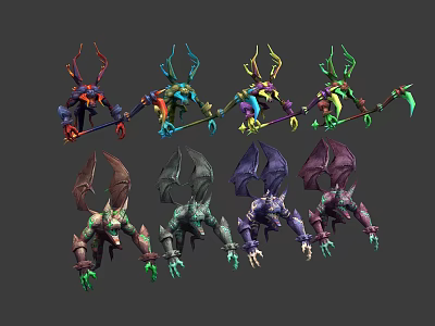 Fantasy Characters And Mythical Creatures With Horned Winged Designs And Colorful Scythe Weapons 3d model