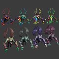 Fantasy Characters And Mythical Creatures With Horned Winged Designs And Colorful Scythe Weapons