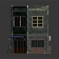 Two Story Brick Building With Green Tile Roof Blue Awning And Wooden Windows