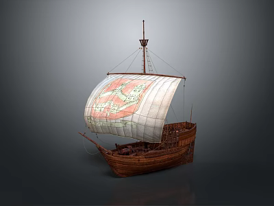 Ancient Wooden Sailing Ship Water Vessel With White Sail And Decorative Pattern 3d model