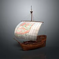 Ancient Wooden Sailing Ship Water Vessel With White Sail And Decorative Pattern