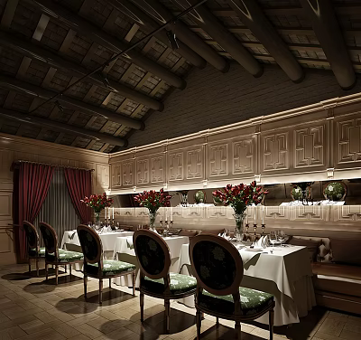 Elegant Restaurant Interior With Wooden Ceiling Paneled Walls Red Flowers And White Tablecloths 3d model