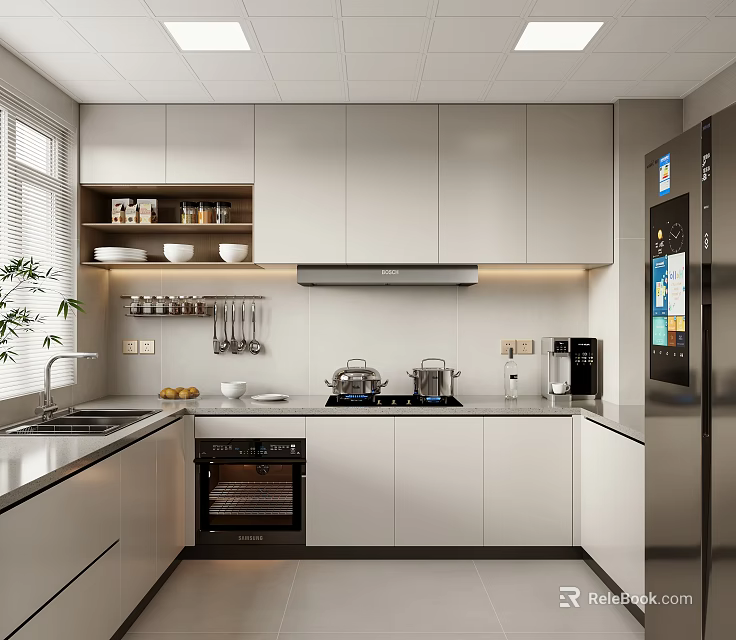 Modern Open Concept Kitchen Interior Design With White Cabinets Stainless Steel Appliances And Island 3d model 