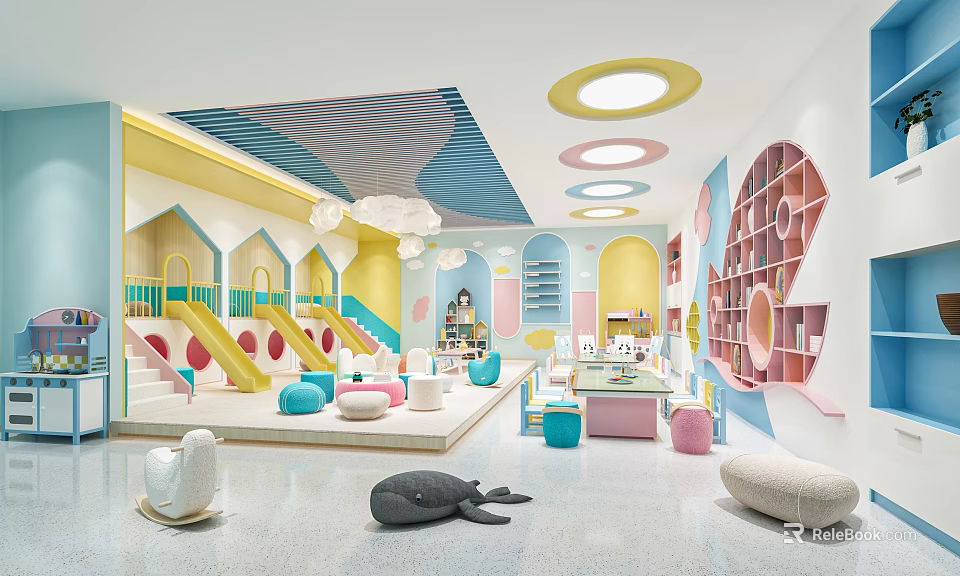 Vibrant Kindergarten Interior With Colorful Walls Round Lights Cloud Decorations And Playful Furniture 3d model 