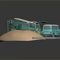 Green Vans on Circular Sandy Ground with Blue Folding Chair Green Plant and Gray Structure