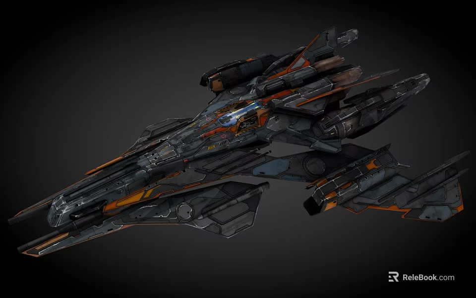 Futuristic Science Fiction Spaceship With Black Orange Structure And Mechanical Details 3d model 