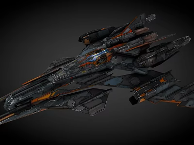 Futuristic Science Fiction Spaceship With Black Orange Structure And Mechanical Details 3d model
