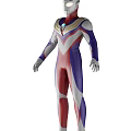 Red Blue White Bodysuit Game And Movie Character With Colorful Chest Stripes And Glowing Gem