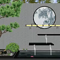 Garden Ornament With Pine Tree Circular Mirror Bamboo Pattern Water Steps And Stone Wall 3d model