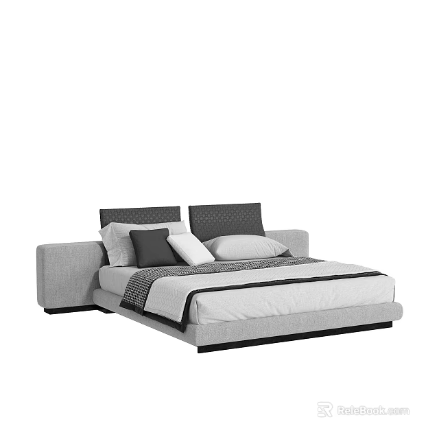 Modern Double Bed With Upholstered Headboard And Patterned Gray White Pillows 3d model