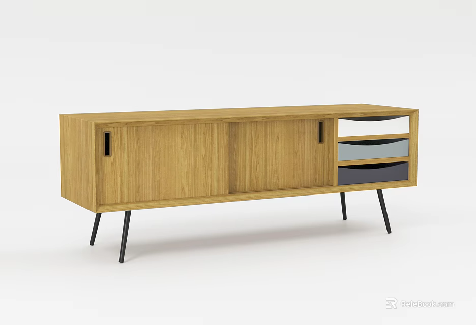 Modern Wooden TV Stand With Sleek Design Cabinets Drawers And Metal Legs 3d model 