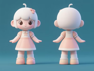 Cartoon Girl Doll with White Hair Pink Dress Flower Front Back Views Blue Background 3d model