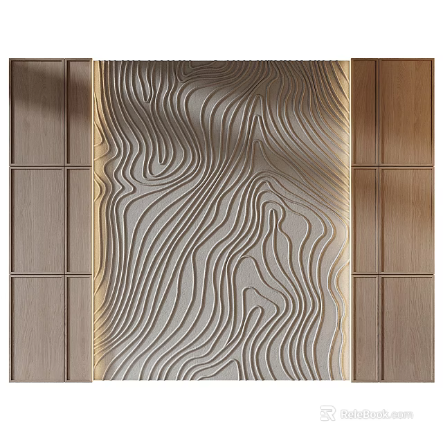 Modern Bed Background Wall With Wavy Texture Light Gray Panel And Brown Wooden Sides 3d model 