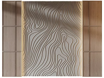 Modern Bed Background Wall With Wavy Texture Light Gray Panel And Brown Wooden Sides 3d model
