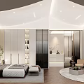 Elegant Modern Hotel Guest Room With Curved Sofa Round Rug And Floor To Ceiling Windows