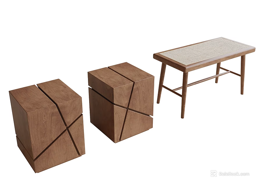 Modern Wooden Cube Stools With Cross Design And Matching Walnut Wood Side Table 3d model 