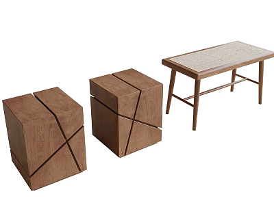 Modern Wooden Cube Stools With Cross Design And Matching Walnut Wood Side Table 3d model
