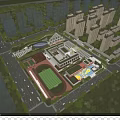 Aerial Planning of Urban Campus With Sports Field And Surrounding High Rise Buildings
