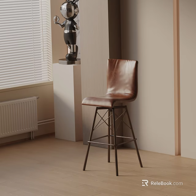Brown Leather Bar Stool With Black Metal Legs In Modern Interior Setting 3d model 