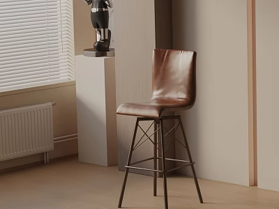 Brown Leather Bar Stool With Black Metal Legs In Modern Interior Setting 3d model