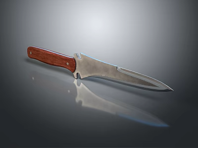 Sharp Silver Knife With Brown Wooden Handle Sleek Design On Gray Background With Reflection 3d model