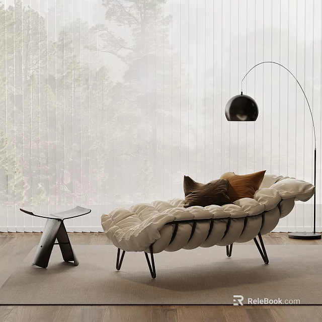 White Padded Chaise Lounge With Modern Floor Lamp Small Table And Window View 3d model 