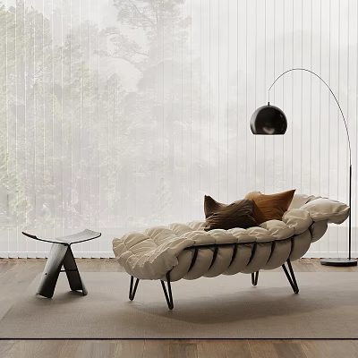 White Padded Chaise Lounge With Modern Floor Lamp Small Table And Window View 3d model