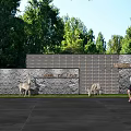 Stone And Wooden Landscape Wall Design With Trees Greenery Deer And People
