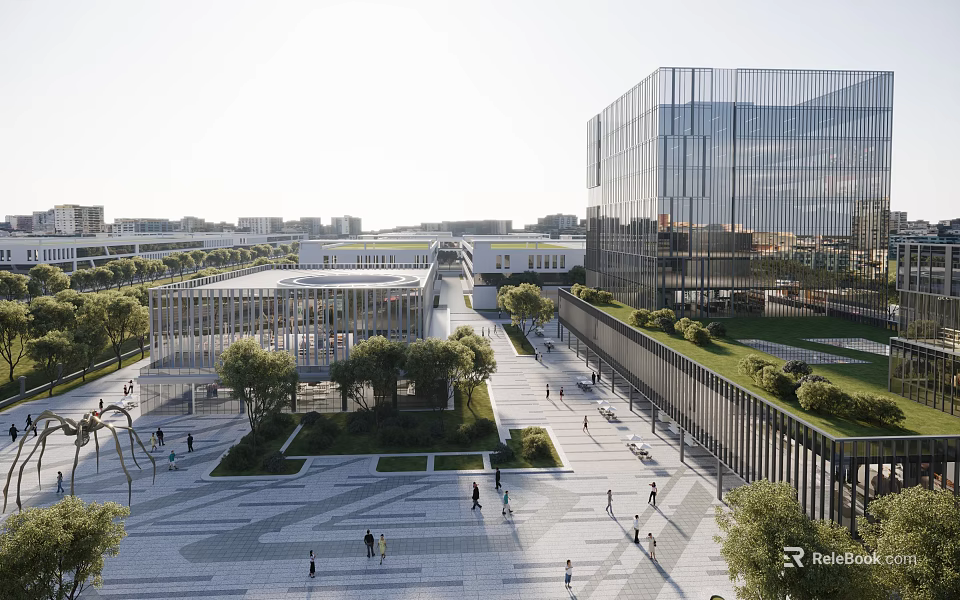 Modern Industrial Park With Glass Buildings Green Roofs Open Plaza And Pedestrian Walkways 3d model 
