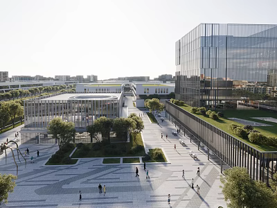 Modern Industrial Park With Glass Buildings Green Roofs Open Plaza And Pedestrian Walkways 3d model