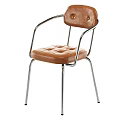 Brown Leather Dining Chair With Button Tufted Backrest Padded Seat And Metal Frame