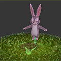 3D Cartoon Rabbit With Long Ears Smiling Standing On Green Grass Near Small Hole