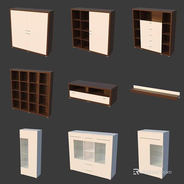 Modern Storage Cabinet Shelves In White And Brown With Open Shelves Closed Doors And Drawers 3d model 