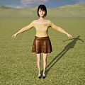 Woman Standing On Green Grass Wearing Yellow Top And Brown Skirt With Arms Outstretched