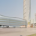 Modern Office Building With Glass Facade Geometric Design And Urban Skyline View