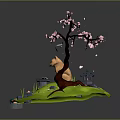 Cartoon Scene With Fox On Bridge Cherry Blossom Tree Koi Fish Pond And Small Pagoda