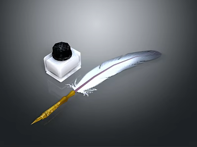 Vintage Quill Pen With White Feather Golden Nib And Inkwell Writing Set 3d model